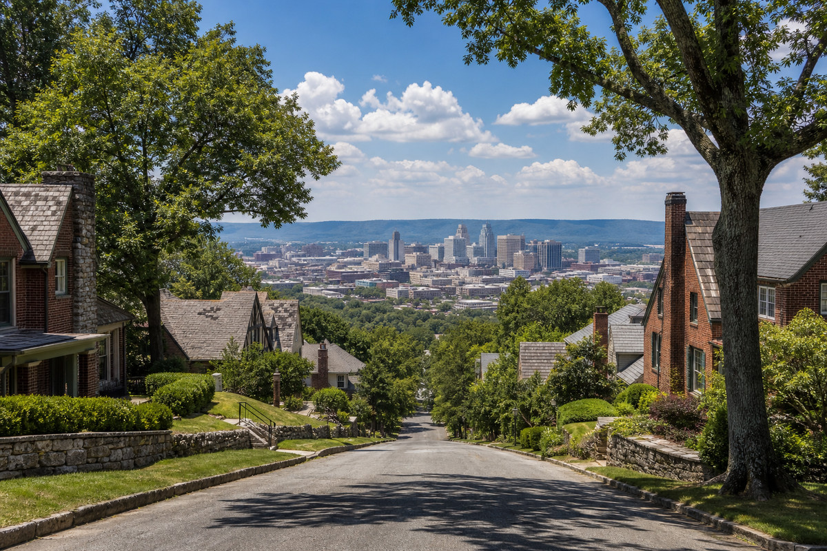 Birmingham skyline seen from Red Mountain with a steep wooded residential street in the foreground