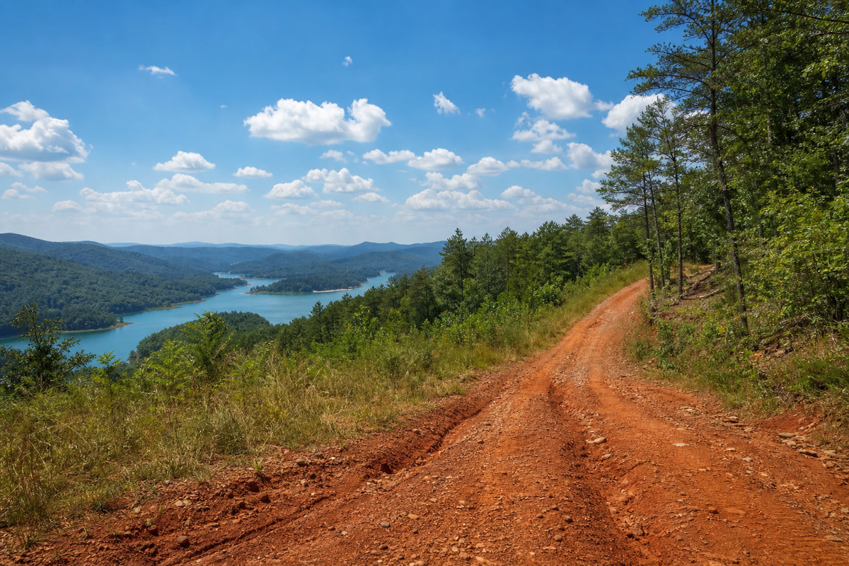 Red clay road climbing through the Talladega foothills with a Coosa River lake arm visible below