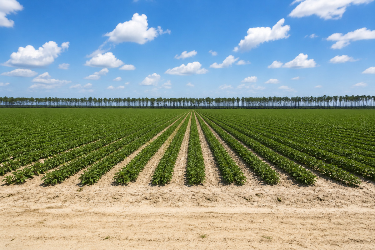 Flat Wiregrass peanut field with sandy turn rows and a longleaf pine line on the horizon